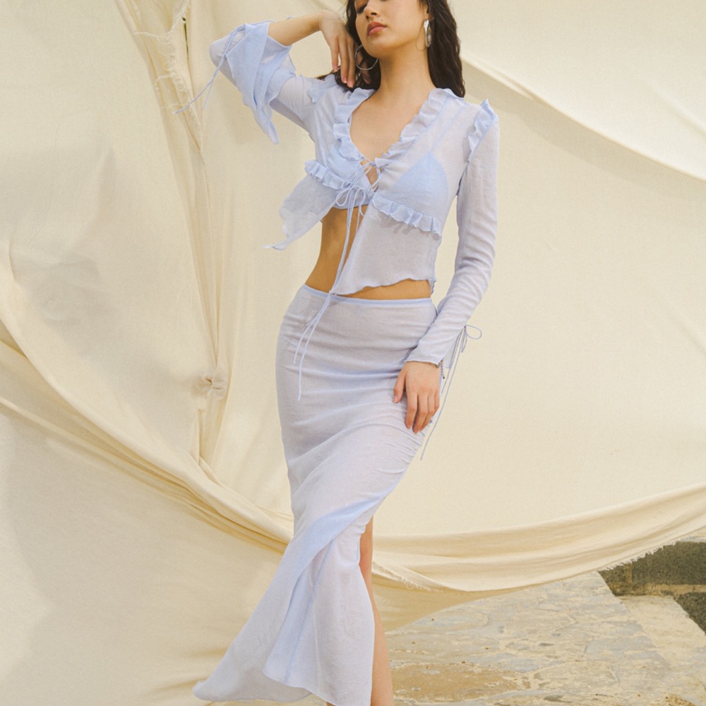 Elegant Sky Blue Top, Bottom, & Bra Set